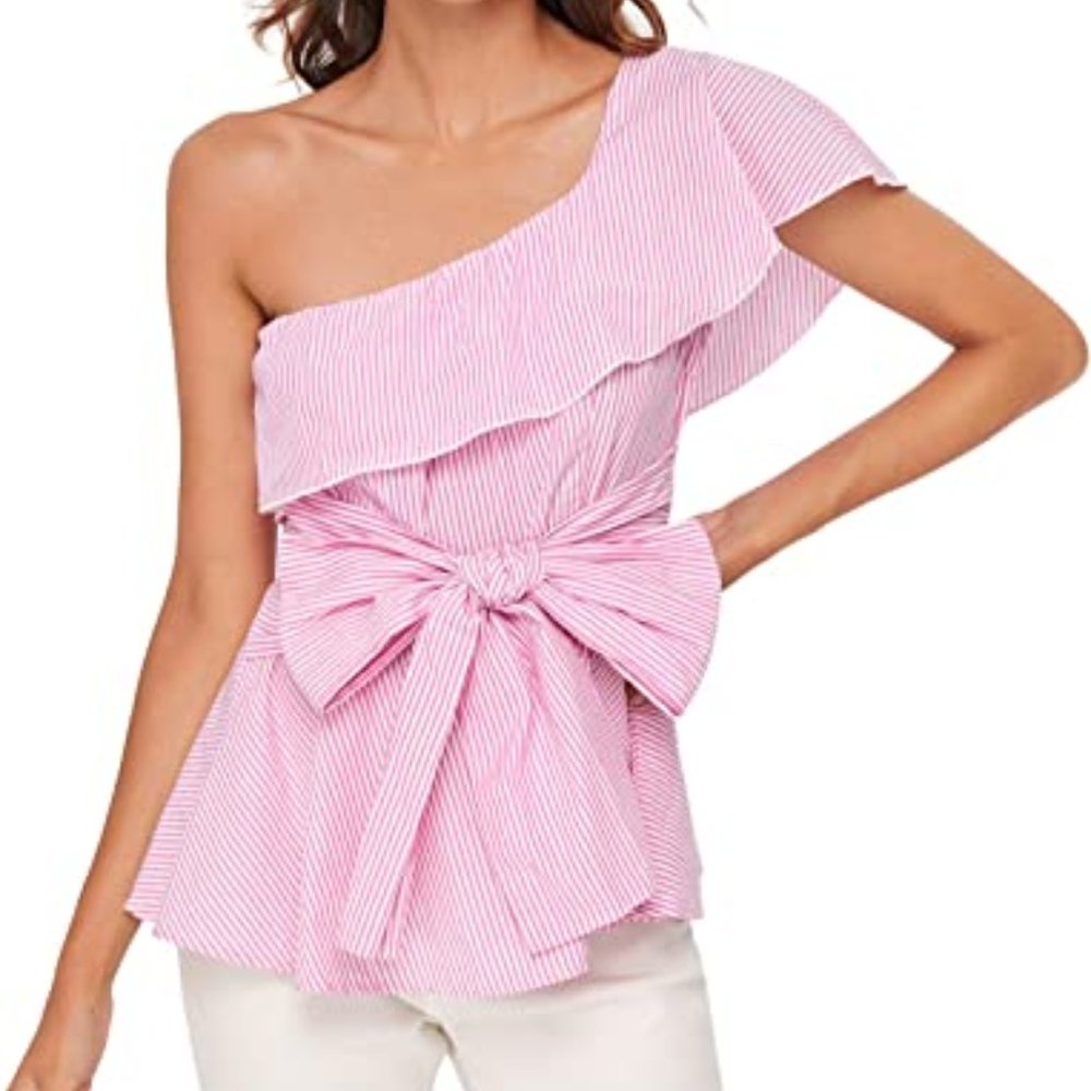 Pink and white one shoulder blouse